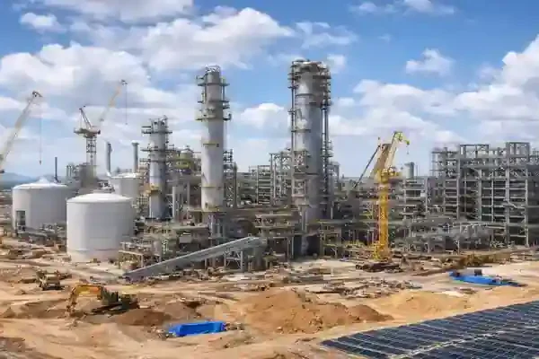 Green ammonia plant under construction with industrial towers and renewable energy infrastructure