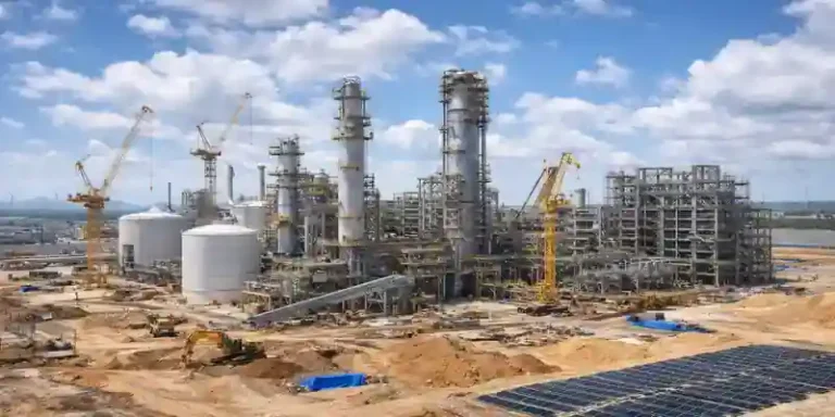 Green ammonia plant under construction with industrial towers and renewable energy infrastructure