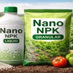 IFFCO Nano NPK fertilisers liquid and granular fertilizer pack with crops in background for improved plant growth