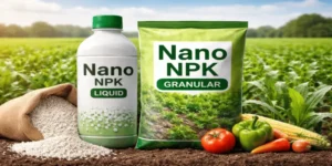 IFFCO Nano NPK fertilisers liquid and granular fertilizer pack with crops in background for improved plant growth
