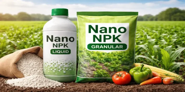IFFCO Nano NPK fertilisers liquid and granular fertilizer pack with crops in background for improved plant growth
