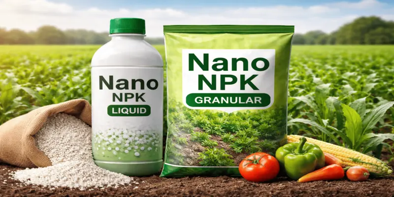 IFFCO Nano NPK fertilisers liquid and granular fertilizer pack with crops in background for improved plant growth