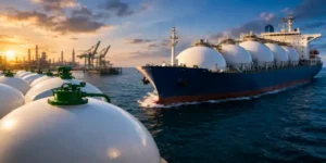 Ammonia tanker ship near industrial port with storage tanks during sunset