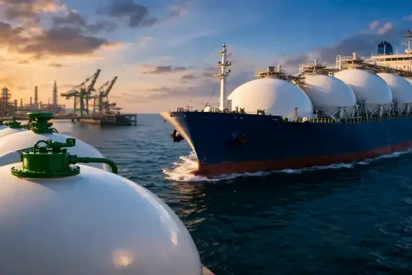 Ammonia tanker ship near industrial port with storage tanks during sunset