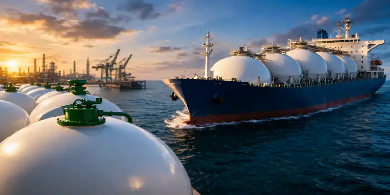Ammonia tanker ship near industrial port with storage tanks during sunset