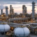 Orica ammonia supply disruption:Ammonia plant industrial facility with storage tanks and processing units near coastline