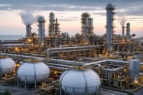 Orica ammonia supply disruption:Ammonia plant industrial facility with storage tanks and processing units near coastline