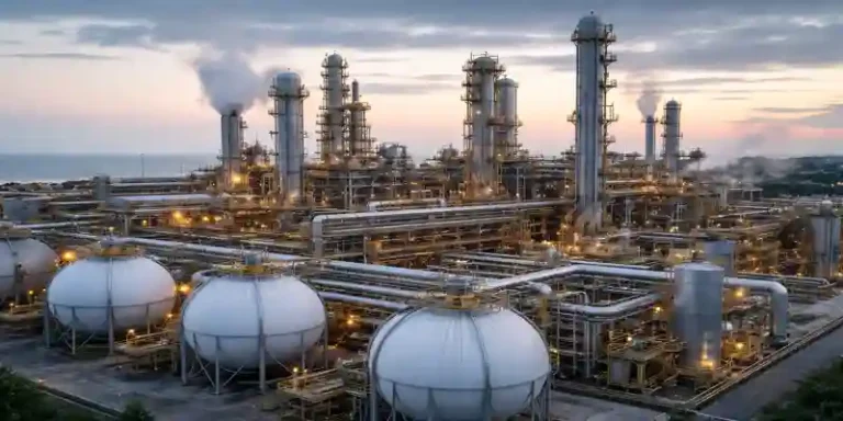 Orica ammonia supply disruption:Ammonia plant industrial facility with storage tanks and processing units near coastline