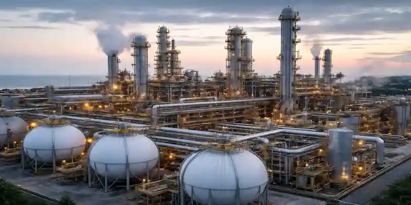 Orica ammonia supply disruption:Ammonia plant industrial facility with storage tanks and processing units near coastline