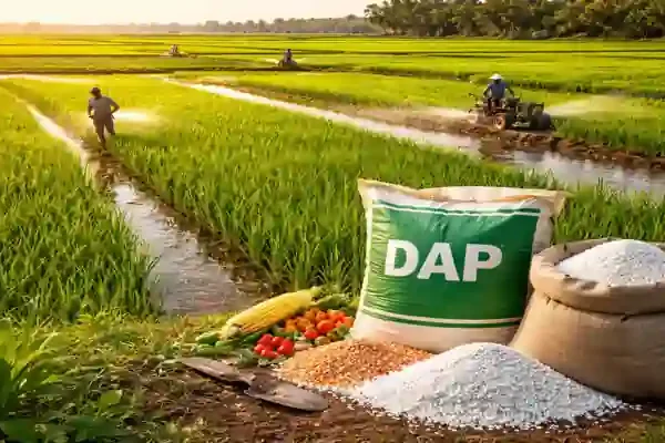 Farmers applying DAP and urea fertilizers in lush green paddy fields of Andhra Pradesh with irrigation canals and crops visible