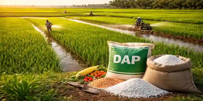 Farmers applying DAP and urea fertilizers in lush green paddy fields of Andhra Pradesh with irrigation canals and crops visible