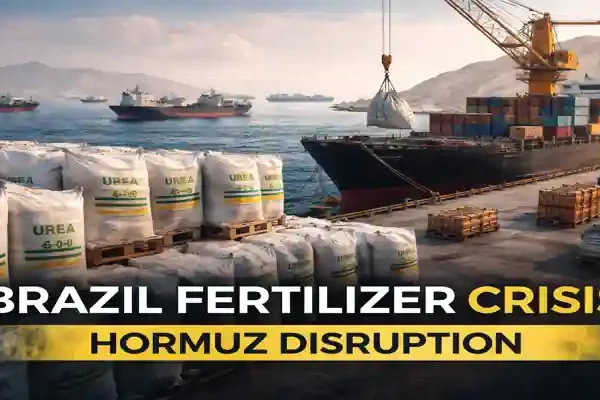 Brazil fertilizer crisis as urea shipments face delays at port due to Strait of Hormuz disruption, impacting global supply and prices