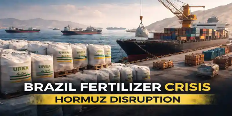 Brazil fertilizer crisis as urea shipments face delays at port due to Strait of Hormuz disruption, impacting global supply and prices