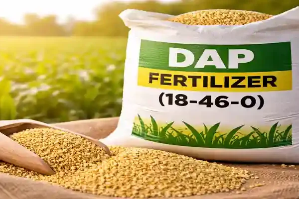 DAP fertilizer 18-46-0 granular close-up with bag and agricultural background