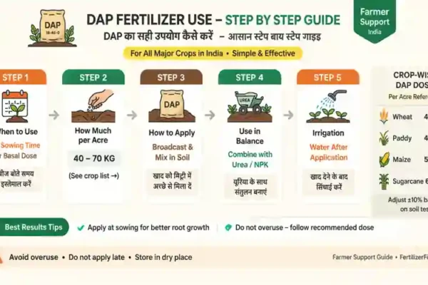 DAP Fertilizer Use Guide India step by step crop dosage infographic