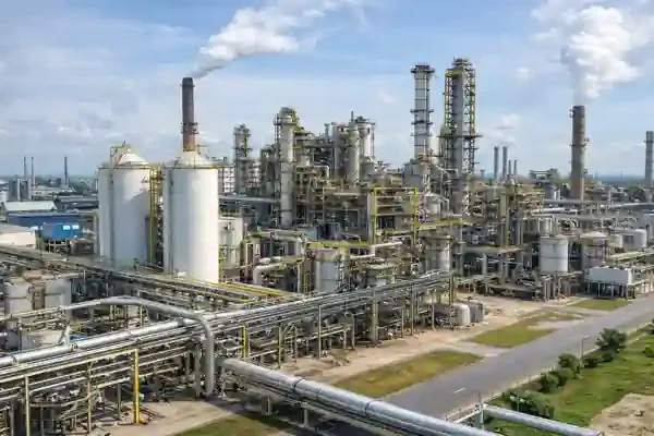 Fertilizer plant in India showing large industrial units, pipelines and urea production facility