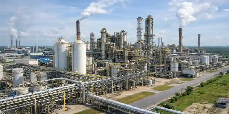 Fertilizer plant in India showing large industrial units, pipelines and urea production facility