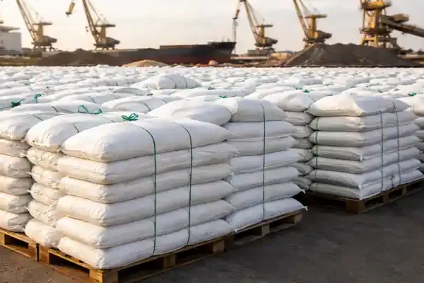 Global fertilizer supply with stacked urea bags at port amid rising fertilizer prices