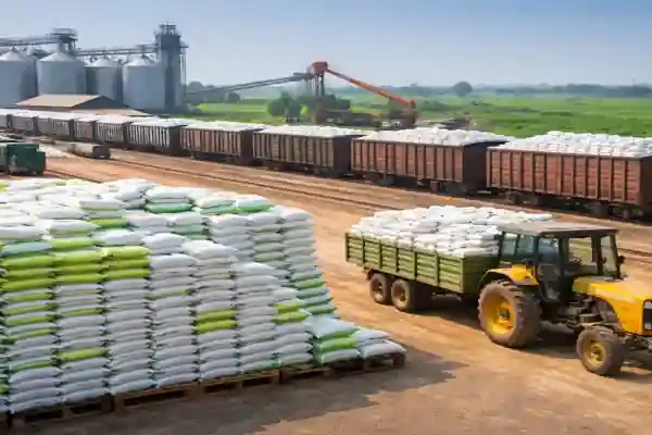 Fertilizer supply chain India showing storage, transport, and distribution logistics