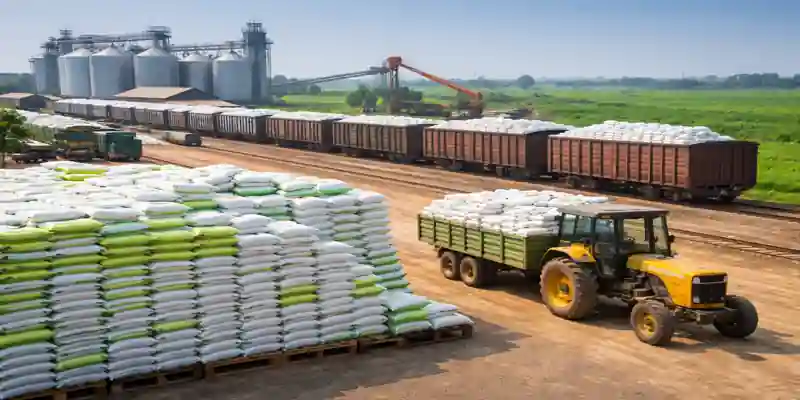 Fertilizer supply chain India showing storage, transport, and distribution logistics