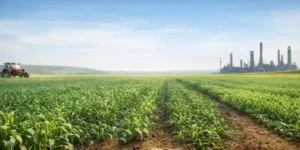 Fertilizer supply and agriculture field with industrial plant in background India