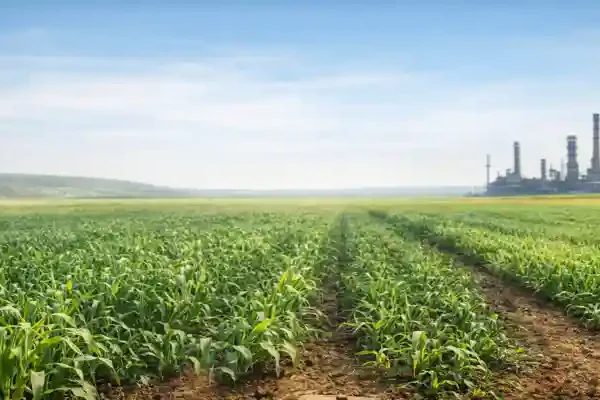 Fertilizer supply and agriculture field with industrial plant in background India