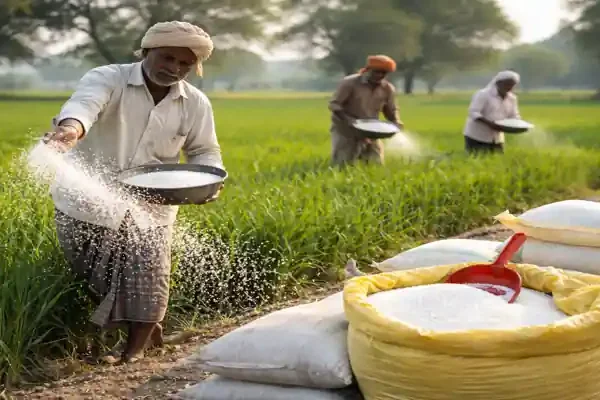 fertilizer sales March 2026 India farmers applying urea in wheat field