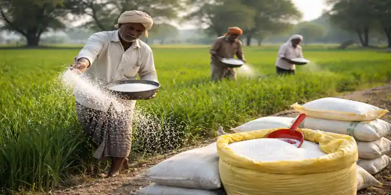 fertilizer sales March 2026 India farmers applying urea in wheat field