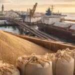 Morocco phosphate fertilizer export at port with cargo ship and bulk fertilizer bags loading for global supply