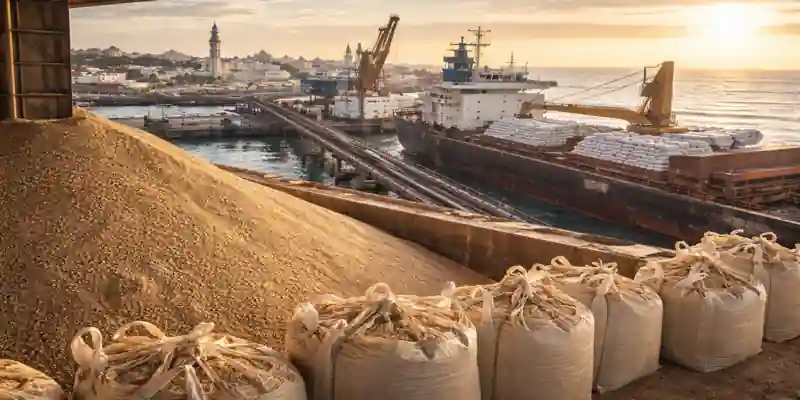 Morocco phosphate fertilizer export at port with cargo ship and bulk fertilizer bags loading for global supply