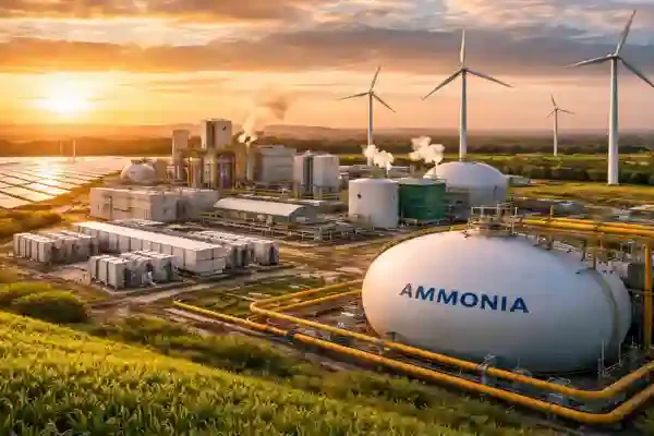 Green ammonia facility with renewable energy and storage tanks