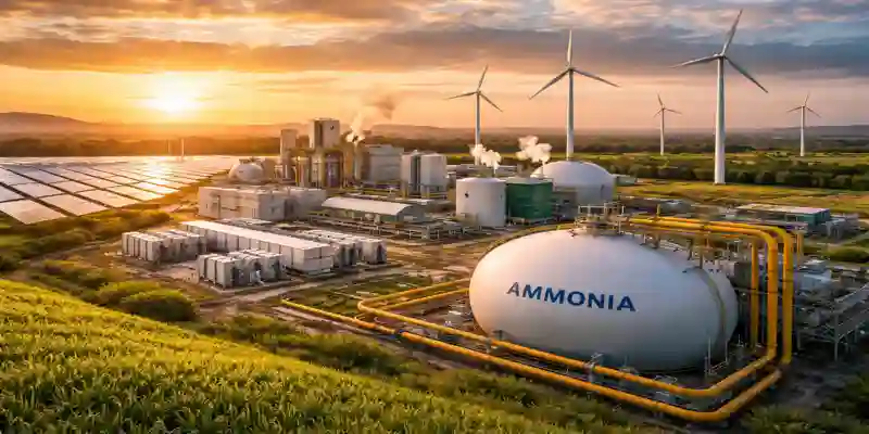 Green ammonia facility with renewable energy and storage tanks