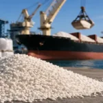 Phosphate fertilizer loading at port with cargo ship for export to South America