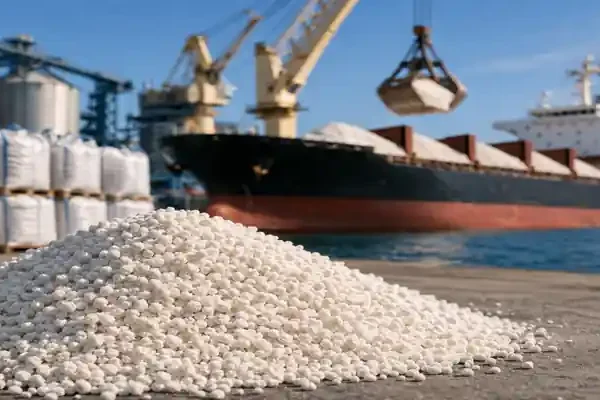Phosphate fertilizer loading at port with cargo ship for export to South America