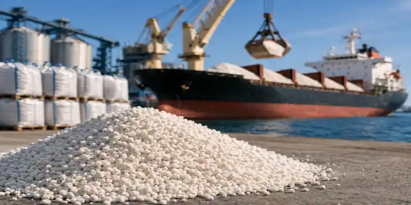 Phosphate fertilizer loading at port with cargo ship for export to South America