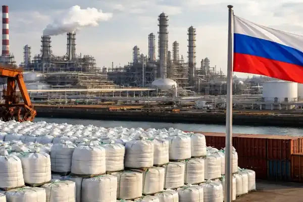Russia fertilizer export ban impact with ammonium nitrate bags at industrial port facility