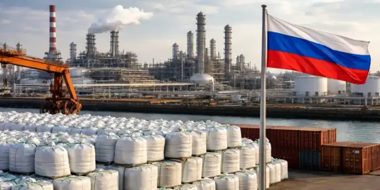 Russia fertilizer export ban impact with ammonium nitrate bags at industrial port facility