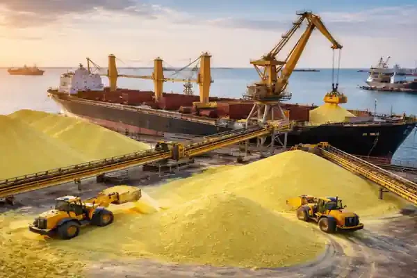 Sulfur cargo loading ship at port during Sulfur Market March 2026 supply disruption