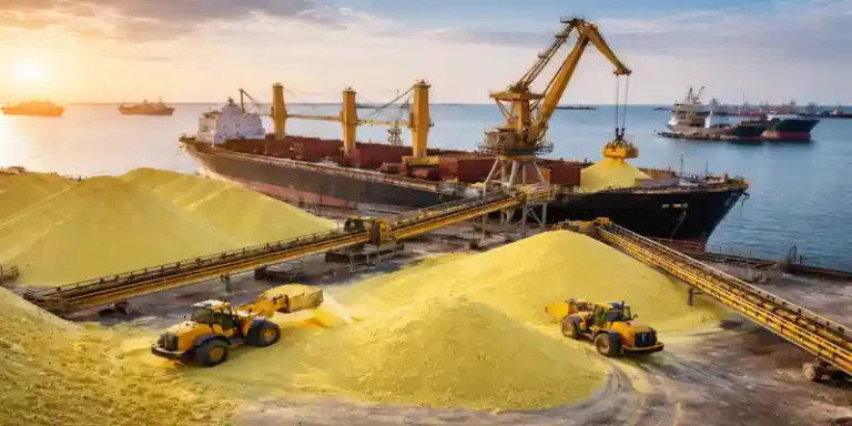 Sulfur cargo loading ship at port during Sulfur Market March 2026 supply disruption