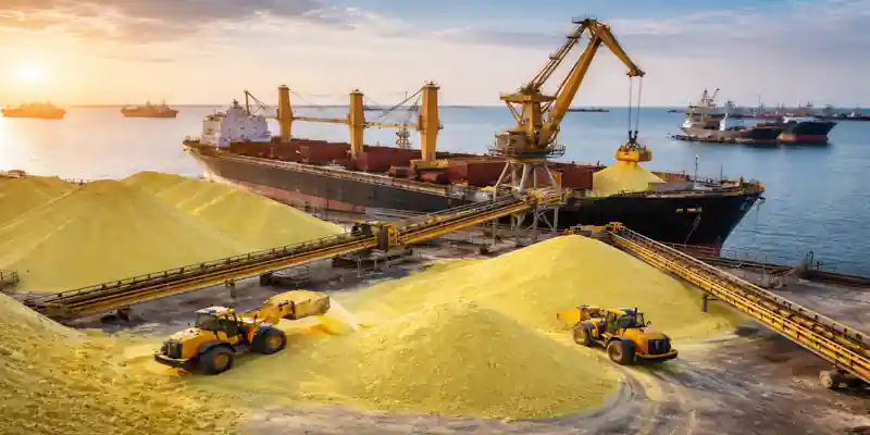 Sulfur cargo loading ship at port during Sulfur Market March 2026 supply disruption