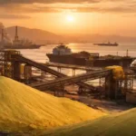 sulphur market March 2026:Sulphur piles at port with cargo ships and loading infrastructure at sunset