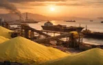 sulphur market March 2026:Sulphur piles at port with cargo ships and loading infrastructure at sunset
