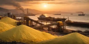 sulphur market March 2026:Sulphur piles at port with cargo ships and loading infrastructure at sunset