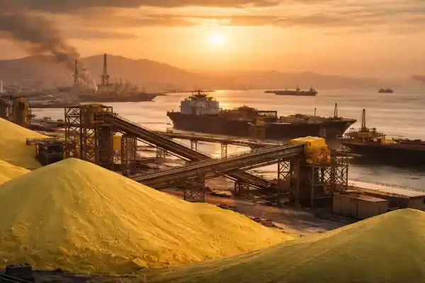 sulphur market March 2026:Sulphur piles at port with cargo ships and loading infrastructure at sunset