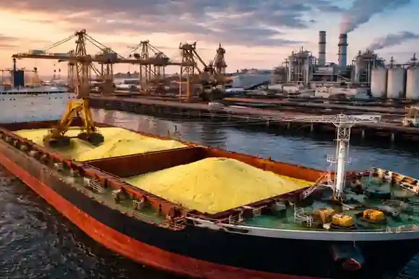 Sulphur cargo ship unloading at industrial port highlighting fertilizer raw material supply risk