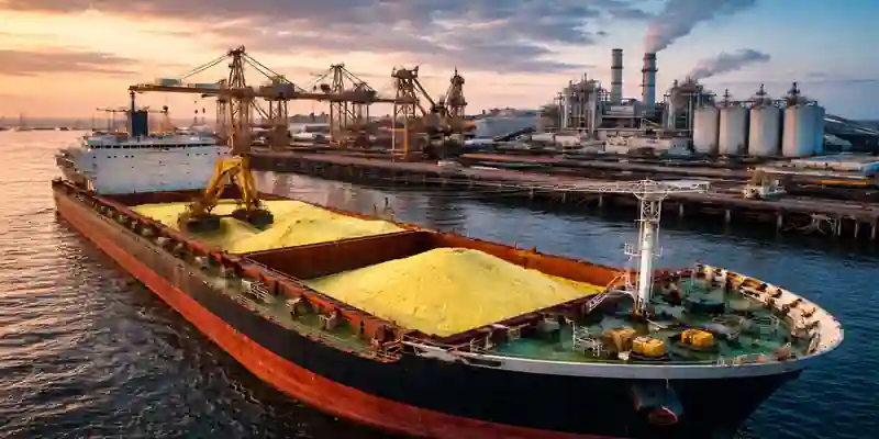 Sulphur cargo ship unloading at industrial port highlighting fertilizer raw material supply risk