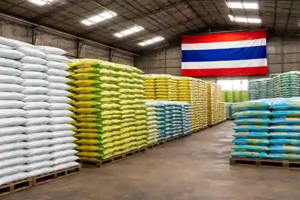 Thailand fertilizer supply warehouse with urea bags ensuring stocks until August