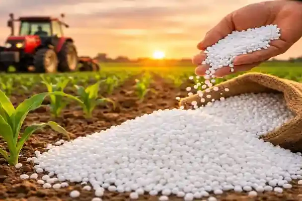 Global urea fertilizer prices surge as farmer spreads urea granules in field during planting season