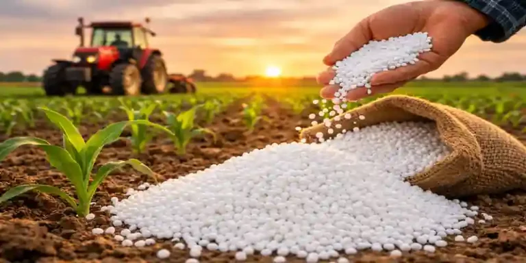 Global urea fertilizer prices surge as farmer spreads urea granules in field during planting season