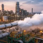 ammonia leak shutdown at urea plant with gas release from industrial pipeline